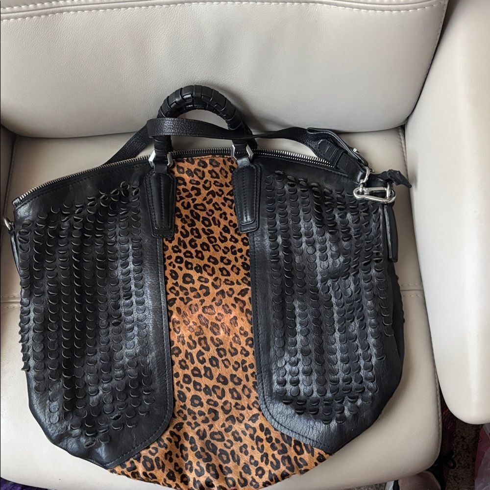 OrYANY Black Textured and Leopard Calf Hair Bag